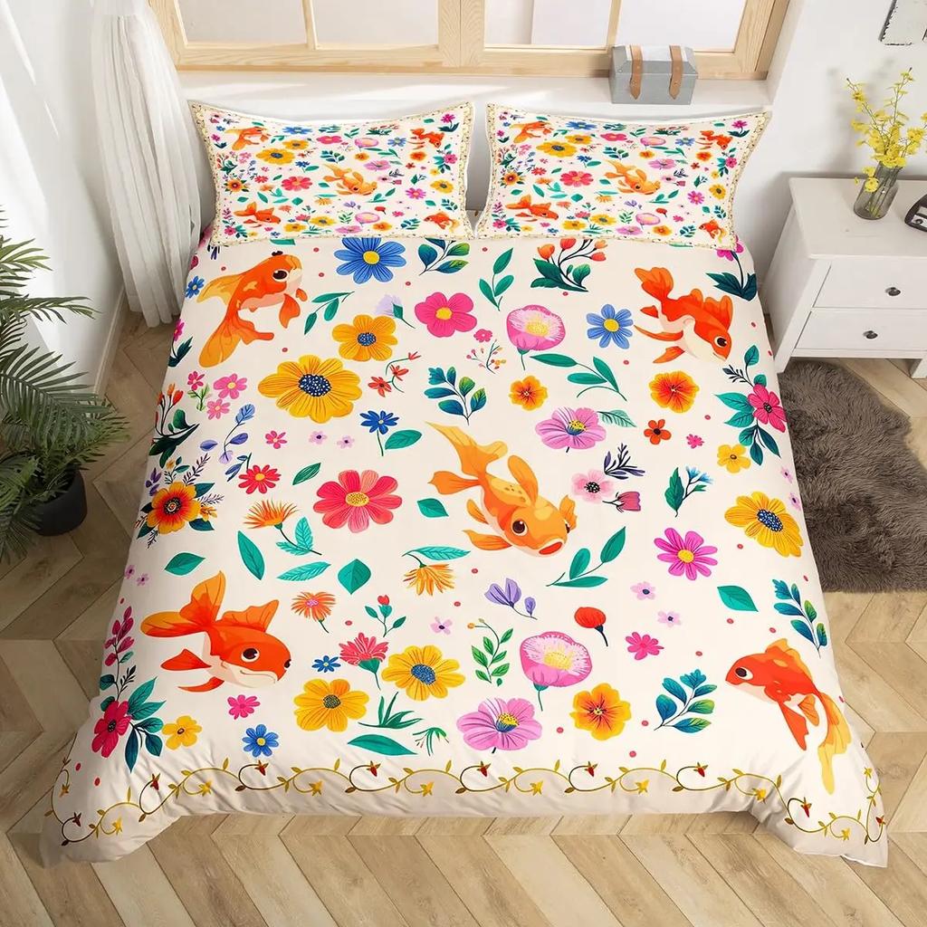 Goldfish Bedding Set Fantasy Yin Yang Fish Duvet Covet Cherry Blossom Flowers Theme Blue Sea Wave Breathable Bedding Set