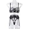 Mesh Embroidery Bra, Panties & Garter Lingerie Set