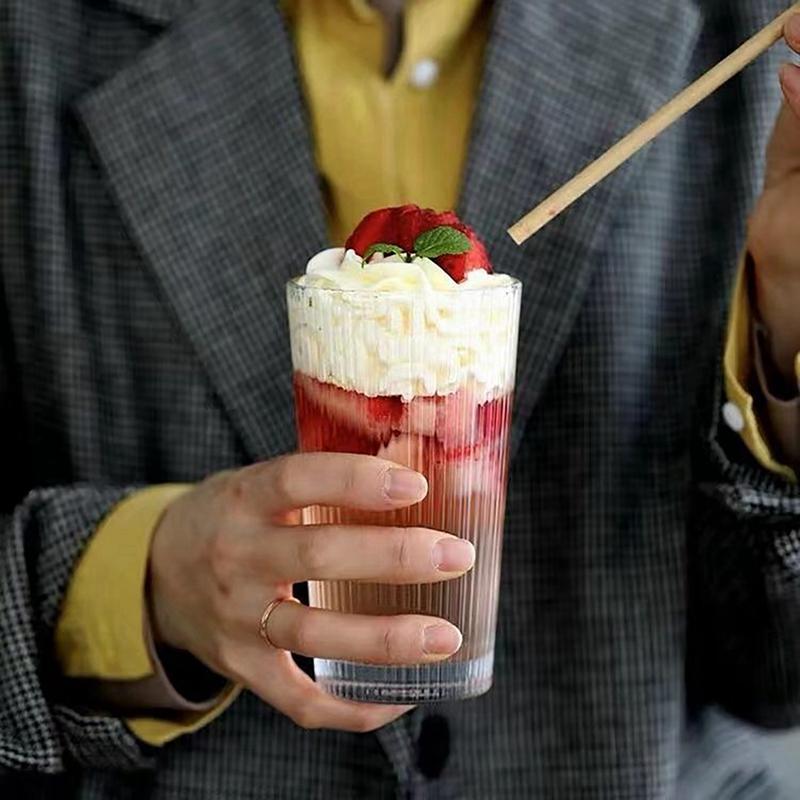 Vertical Stripe Glass Cup Transparent Glasses With Lid and Straw Ribbed Mugs For Latte Juice Glass Milk Water Cup Ice Coffee Mug
