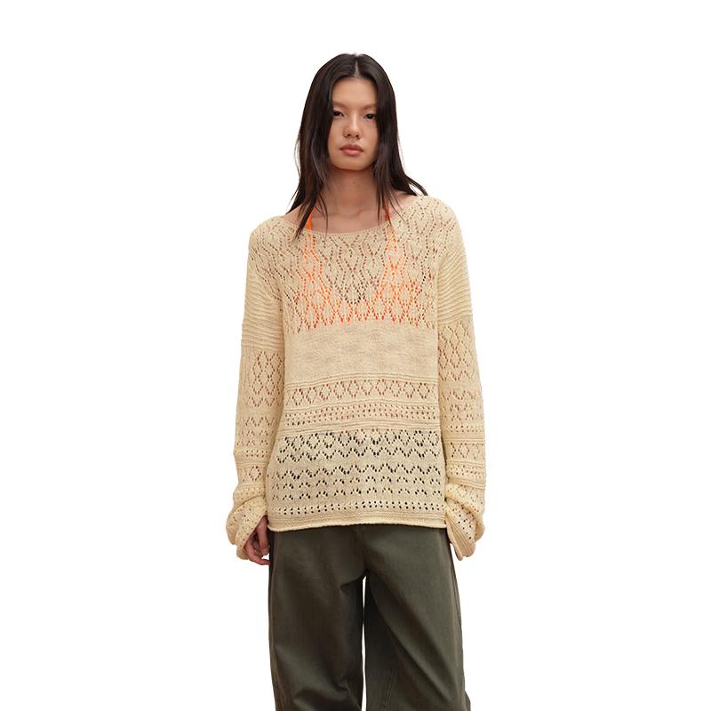 Green Belt Women s Loose Hollow Knit Long Sleeve Top L