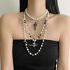 Elegant Rhinestone Pearl Cross Pendant Necklace Women Layering Friendly Delicate Chain Lightweight Luxury Choker Style