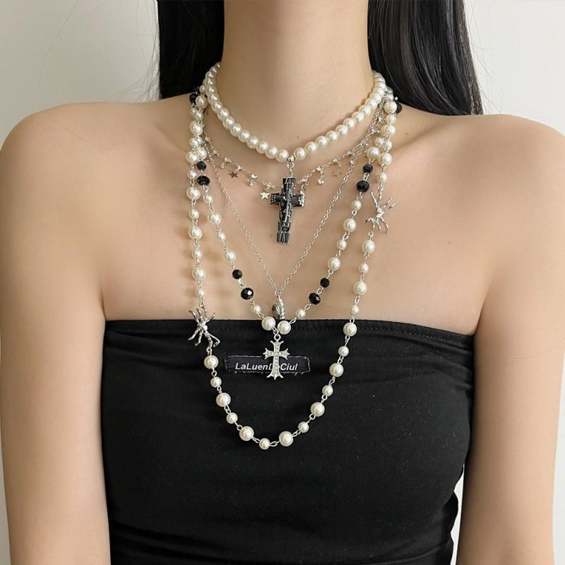 Elegant Rhinestone Pearl Cross Pendant Necklace Women Layering Friendly Delicate Chain Lightweight Luxury Choker Style