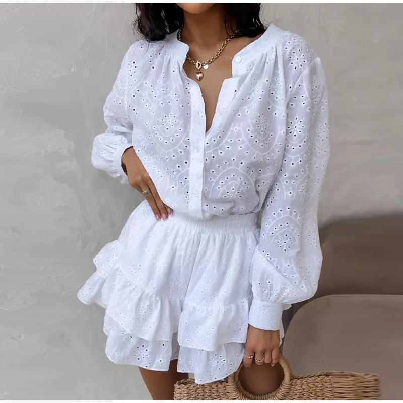 Damen Jacquard Hemd Shorts Set Knopfloch Einfarbiges Set Bedruckt Lässiger Fortgeschrittener Stil Frühling Sommer Neu Damen Langarm Set