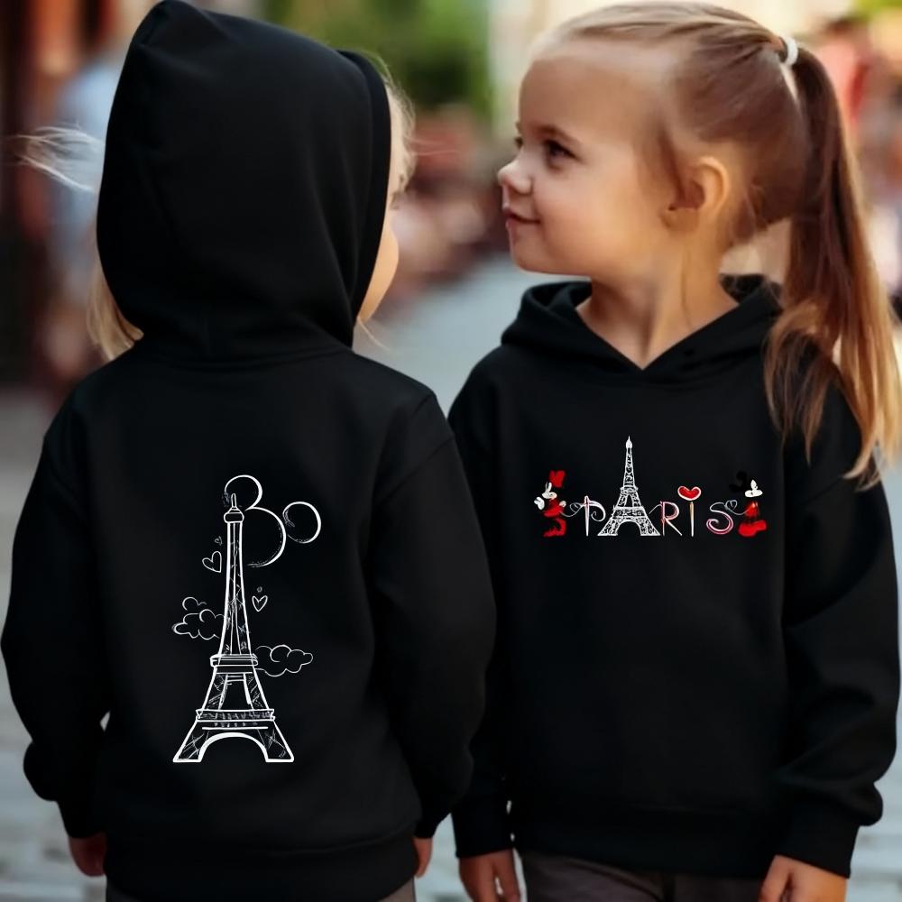 Kids Pullover Hoodie Cute Paris Eiffel Tower With Cartoon Mouse Graphic Sweatshirt Long Sleeve Casual Sport Top Autumn Winter Home And Outdoor Outfit