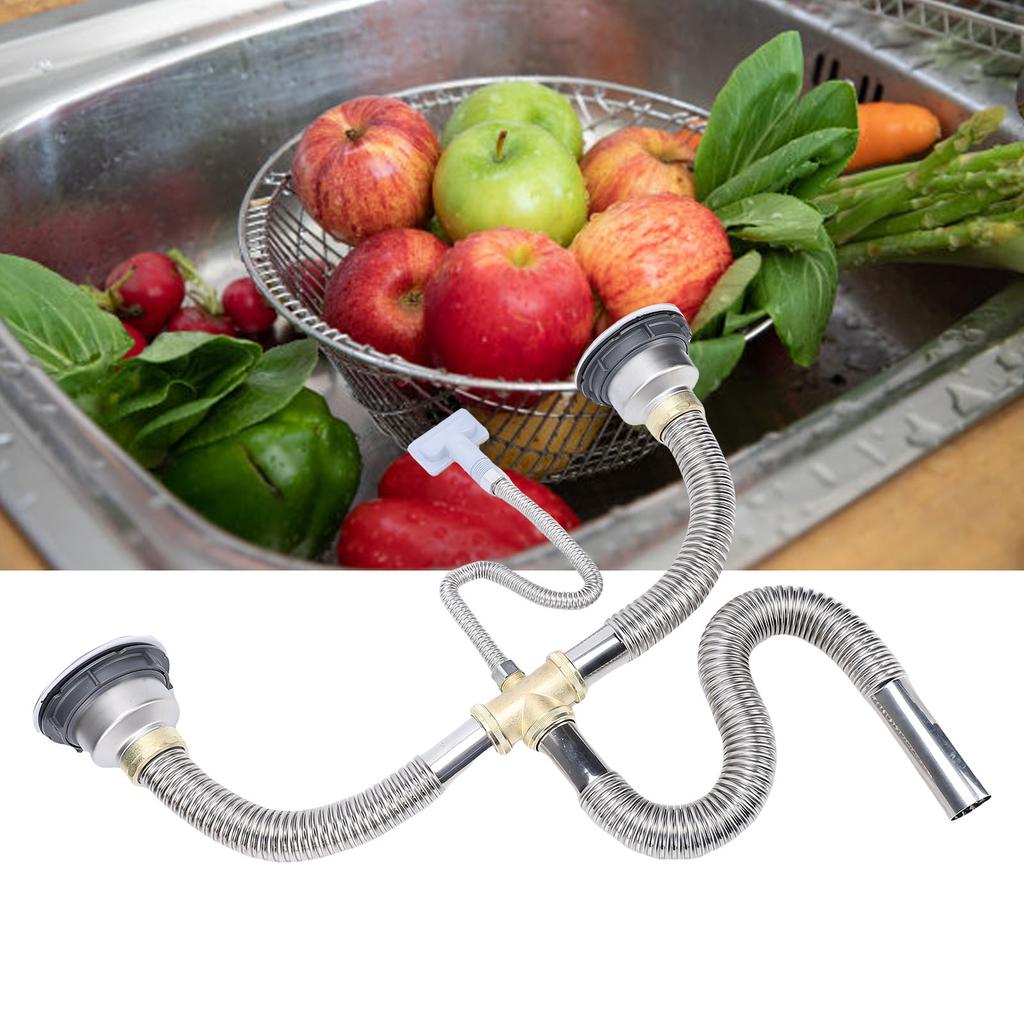 Kitchen Double Sink Downpipe Fittings Stainless Steel Flexible Drain Tubing Pipe Kit for Kitchen Bathroom Washroom