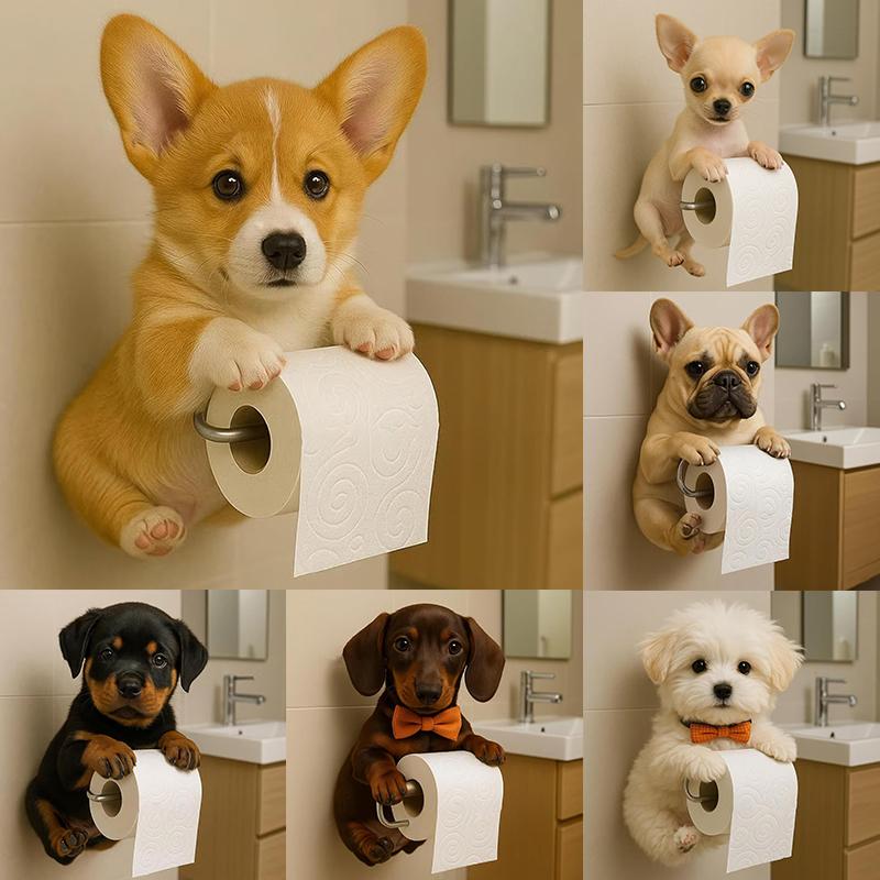 Cute Dog Toilet Paper Holder Wall Mount Resin Dog Roll Paper Organizer Bathroom Kitchen Paper Towel Tissue Dispenser Decoration