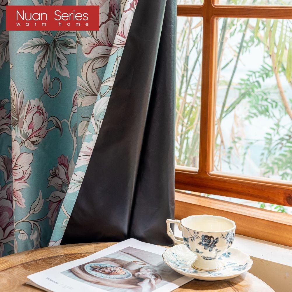 1PC Nuan Series American Countryside Style Peony Printed Blue Curtain Full Blackout Curtains for Bedroom Living Room Balcony Window for Home Decor