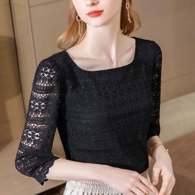 Layer Early Spring New Style 3/4 Sleeve One Shoulder Hollow Out Crochet Floral Small Shirt Slim Top Women