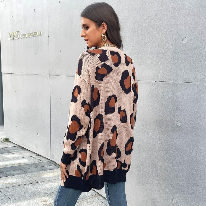 Casual Trend Versatile Autumn Women's Long Leopard Print Cardigan Knitted Sweater Jacket Women