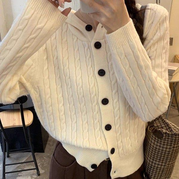 Chic Korean Cable Knit Hooded Cardigan - Women's Versatile Long Sleeve Sweater Coat for Autumn & Winter