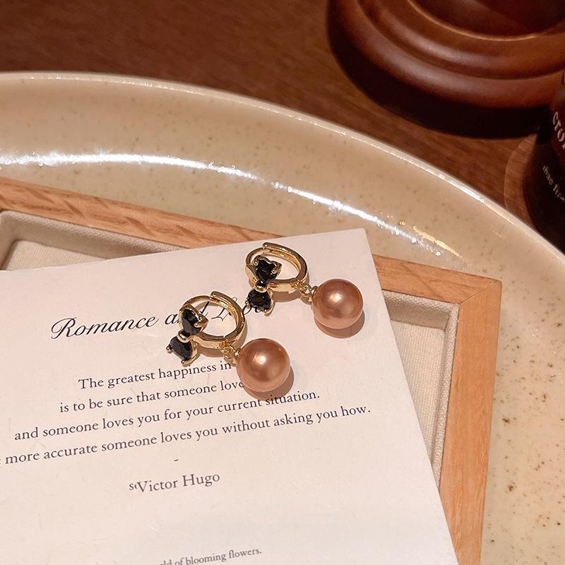 Elegant Black Rhinestone and Pearl Bow Earrings - Hong Kong Style Retro Design