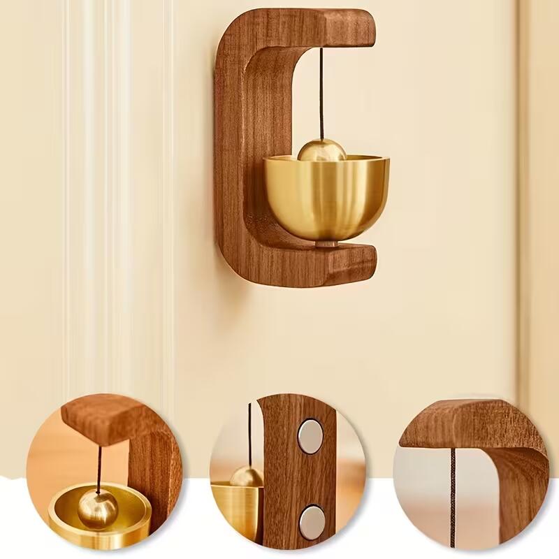 1pc Solid Wood Brass Bell, Dopamine Wind Chime, Magnetic Suction Non-marking Glue Dual-use Free Installation Door Bell, Ornament