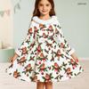 Kids Long Sleeve Christmas Dress, Fall Maple Leaf Print Faux Fur Collar Bow Decor Princess Dresses for Girl Holiday Party Wear