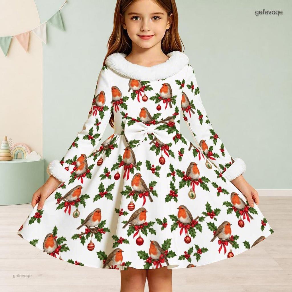 Kids Long Sleeve Christmas Dress, Fall Maple Leaf Print Faux Fur Collar Bow Decor Princess Dresses for Girl Holiday Party Wear
