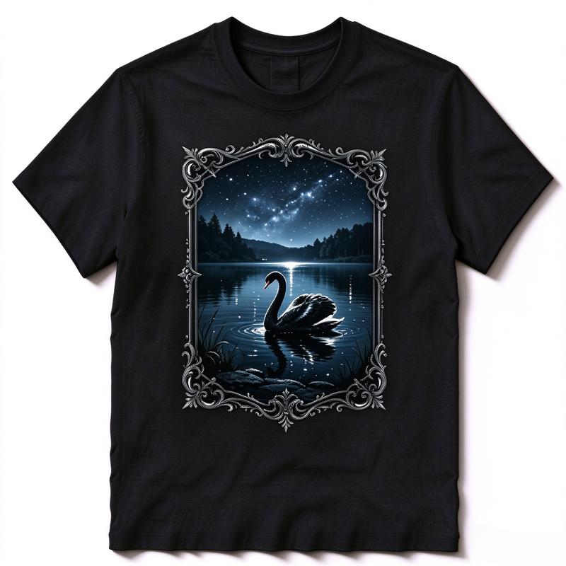Vintage Starry Night Black Swan Graphic Tee Unisex Gothic Lake Scene Short Sleeve Gift Cotton For Dark Art Lovers Y2k Top