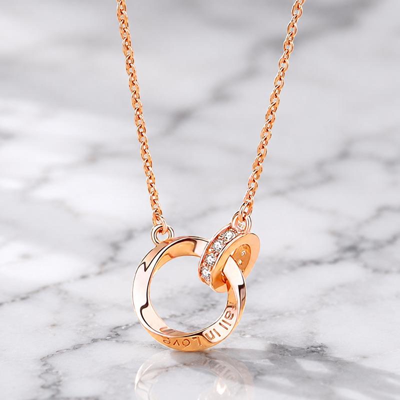 Fall In Love Interlocking Circles Pendant Necklace Women Rose Gold Silver Double Ring CZ Pendant Jewelry Gift for Anniversary Valentine's Day Daily