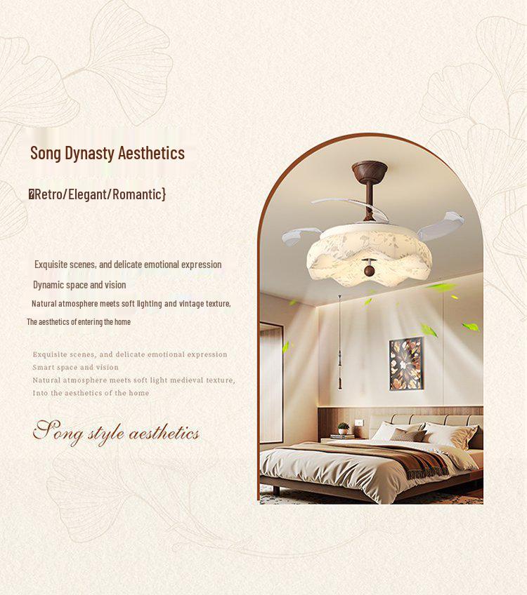 Vintage Song-Style Ceiling Fan Light with Printed Fabric Shade for Bedroom and Dining Room