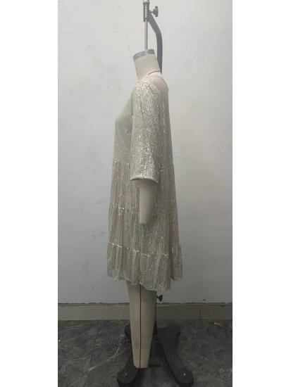 2025 Solid Color Sequin Round Neck Loose Waist Short Sleeve Evening Dress
