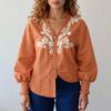 Women's Fashionable V-neck Solid Color Embroidered Single Breasted Long Sleeved Shirt Top