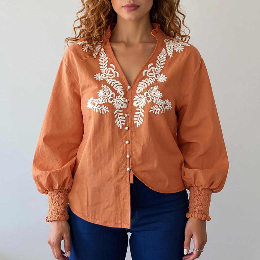 Women's Fashionable V-neck Solid Color Embroidered Single Breasted Long Sleeved Shirt Top
