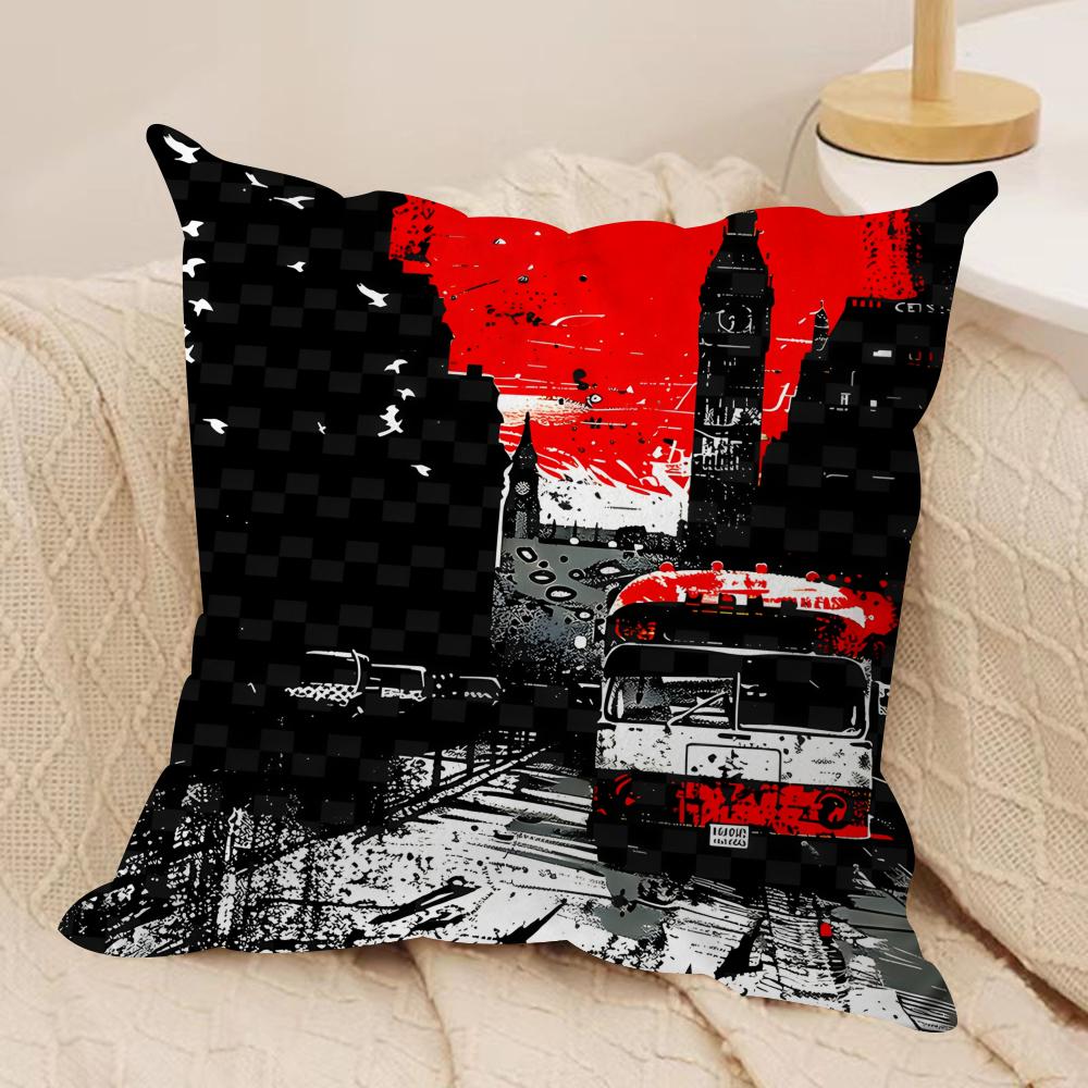 London Red Bus Print Cushion Cover Silky Short Plush Invisible Zipper Dustproof Sofa Pillow Case for Home Decor