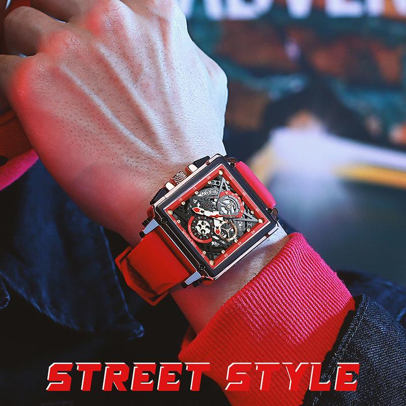 New Creative Hollow Chronograph Square Watch Man Fashion Business Silicone Waterproof Quartz Men's Watches Montre Homme+BOX