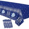 18th Birthday Decorations Tablecloth for Boy, 3 Pack Disposable Silver Blue Happy 18th Birthday Party Supplies Tablecover, 86in X 55in