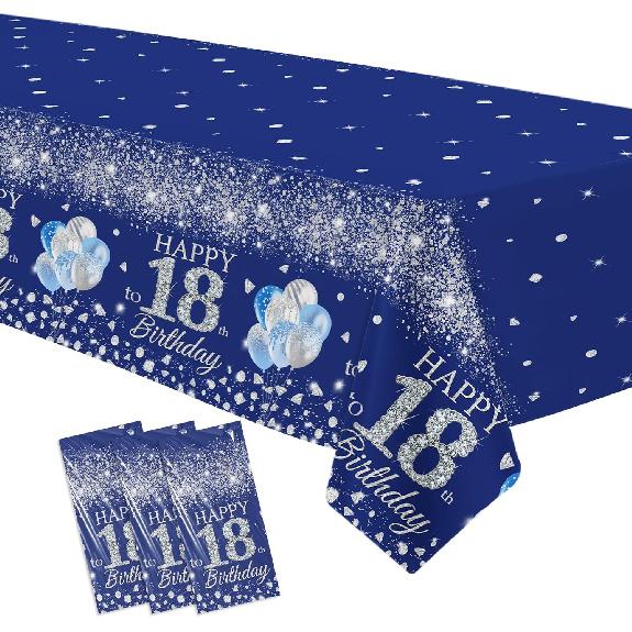 18th Birthday Decorations Tablecloth for Boy, 3 Pack Disposable Silver Blue Happy 18th Birthday Party Supplies Tablecover, 86in x 55in