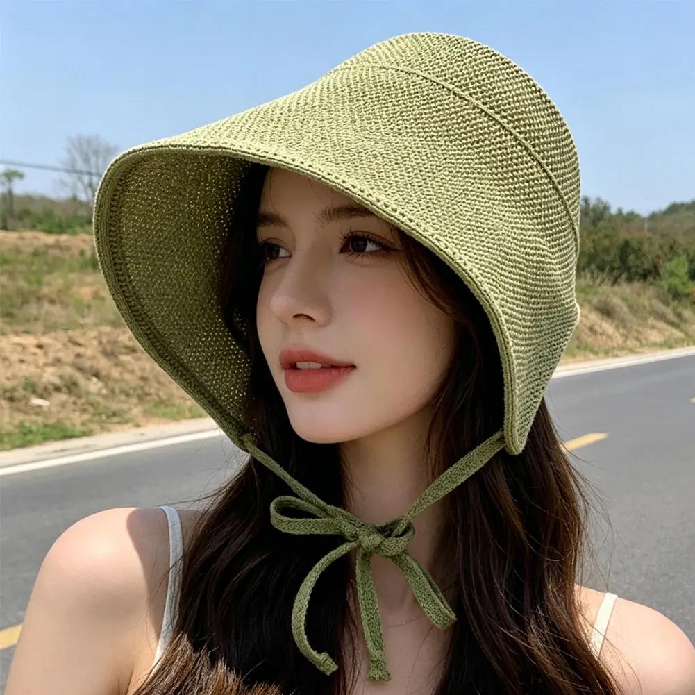 Linen Straw Regency Bonnets Hats For Women Sun Hats Bow Beach Cap Big Wide Brim Cloche Hat Chapeau Femme Lace Up Outdoor Summer