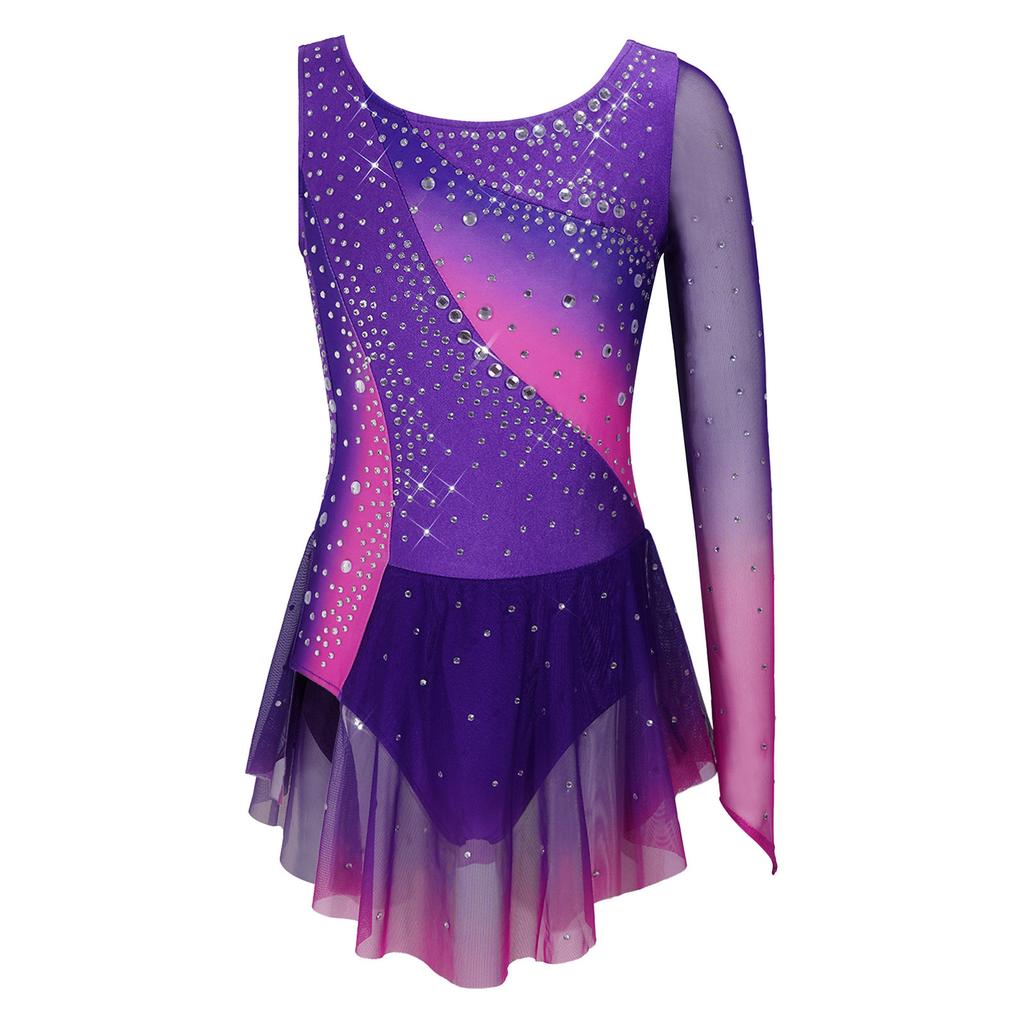 Girls Shiny Rhinestone Contrast Color Performance Dress Round Neck Asymmetrical Split Skating Dance Gymnastics Gown