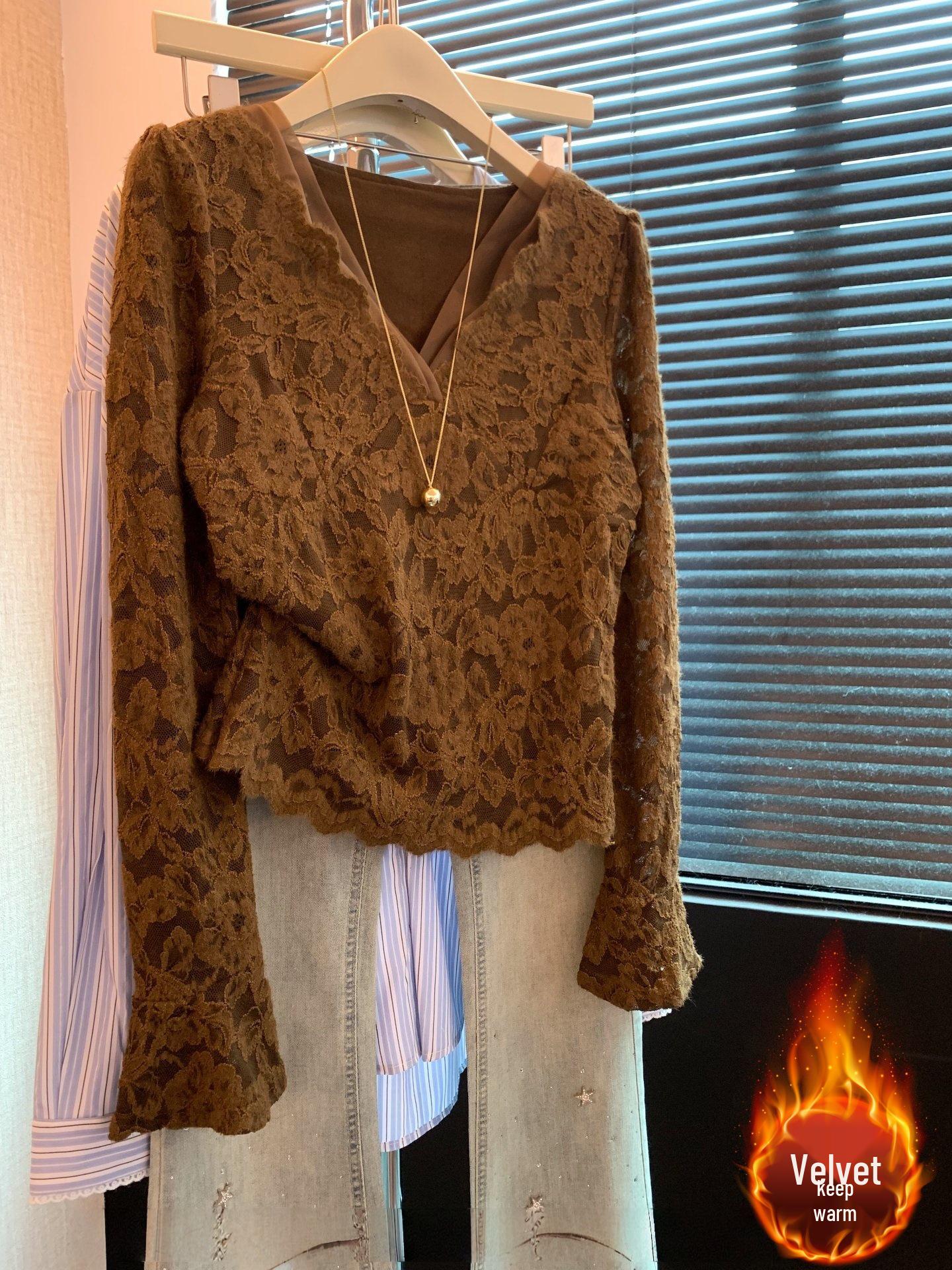 

Женский топ с длинным рукавом, пушистый, кружевной, сетчатый, в стиле French Chic, 2025 S