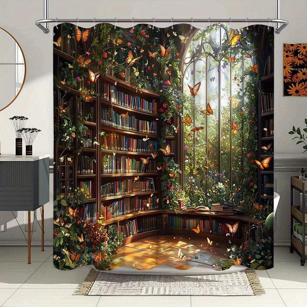 

Enchanted Library with Butterflies Waterproof Shower Curtain for Bathroom Decor, Modern Art Design, Vibrant Colors W90XH180cm