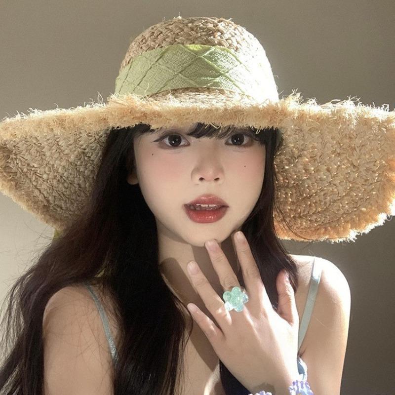Bow Lafite straw hat women's summer big brim sunshade sunscreen hat seaside beach vacation woven hat