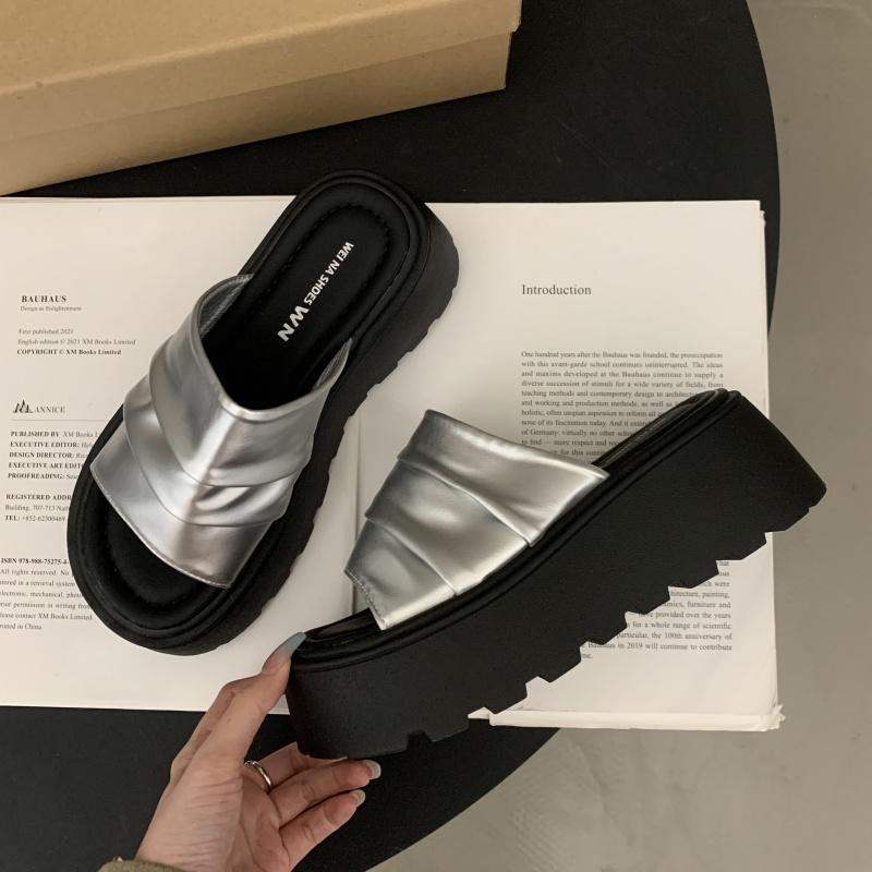 

Летние туфли на платформе, с плоским каблуком, женские тапочки, модные шлепанцы с открытым носком и толстой подошвой, женская повседневная обувь для платья 35 серебряный