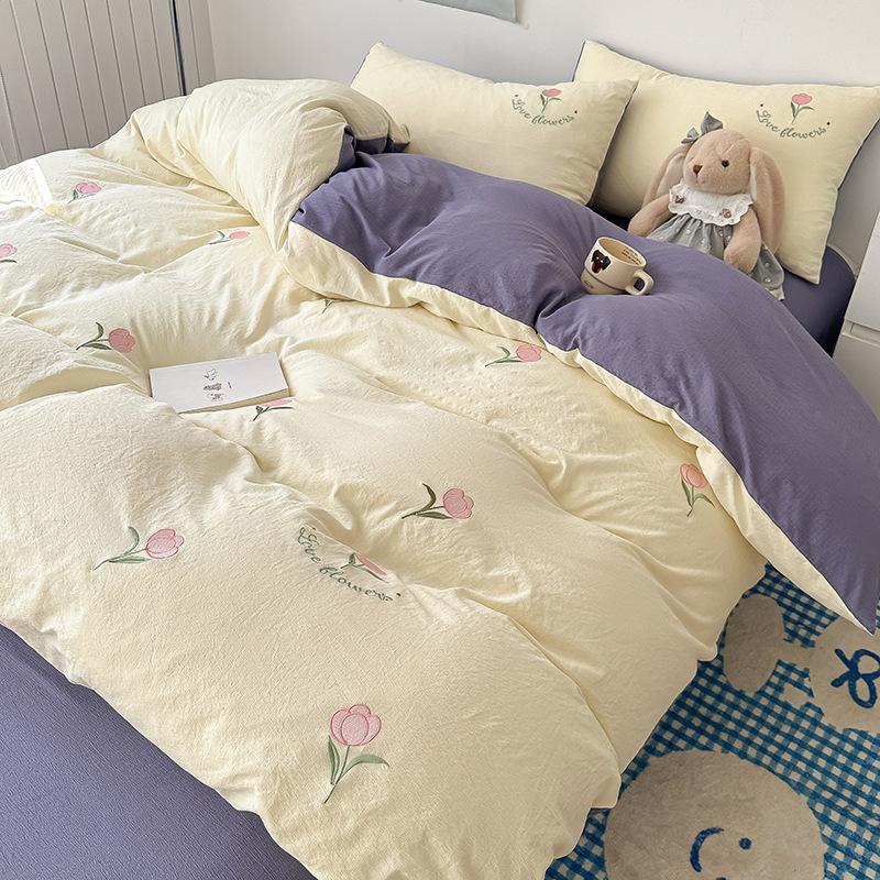 New bed four-piece set cartoon embroidery design student dormitory bed sheet quilt cover three-piece set machine washable