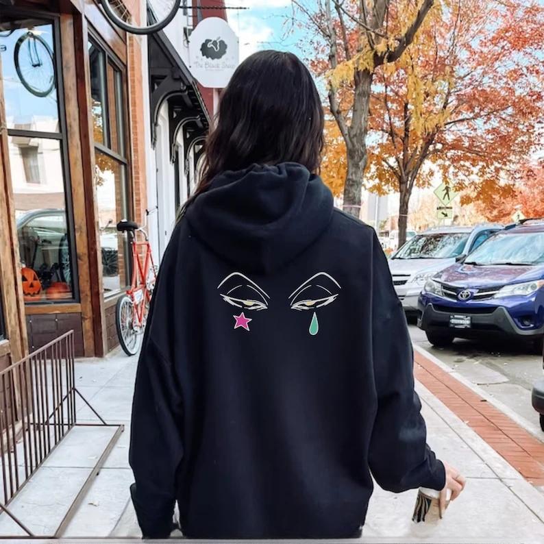 Joker Clown Eyes Tattoo Raindrop and Star Backside Hoodie Heavy Outerwear Inspired Design Streetwear Women Autumn Long Sleeve