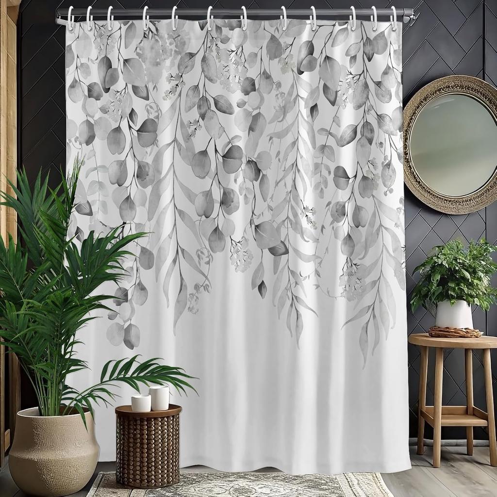 Rustic Brown Leaf Shower Curtain with Hooks, Watercolor Botanical Eucalyptus Bathroom Decor, Boho Farmhouse Waterproof Polyester