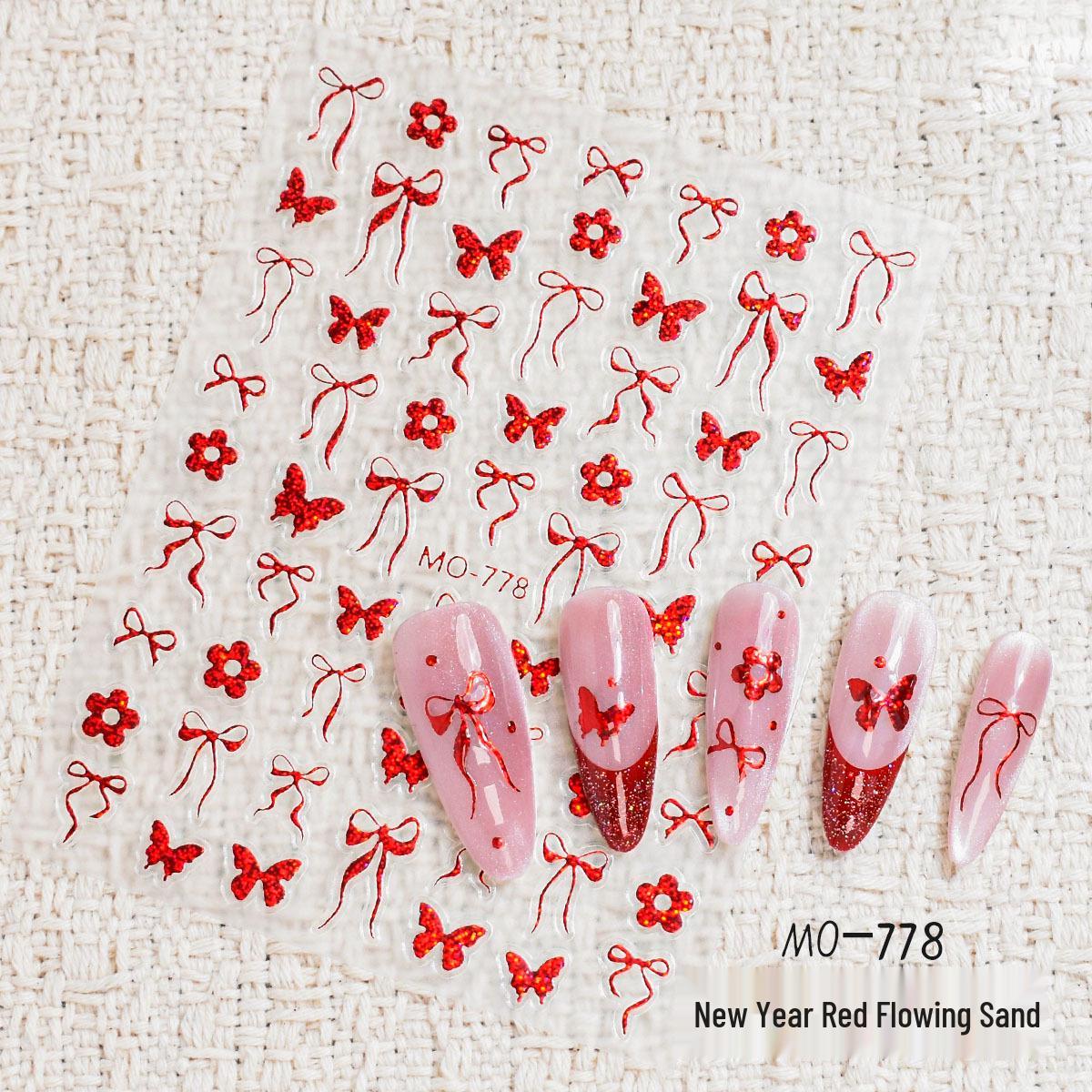 Flowing Sand Red Bow Horse Nail Art Stickers - Sparkly New Year Star & Butterfly DIY Wearable Nails