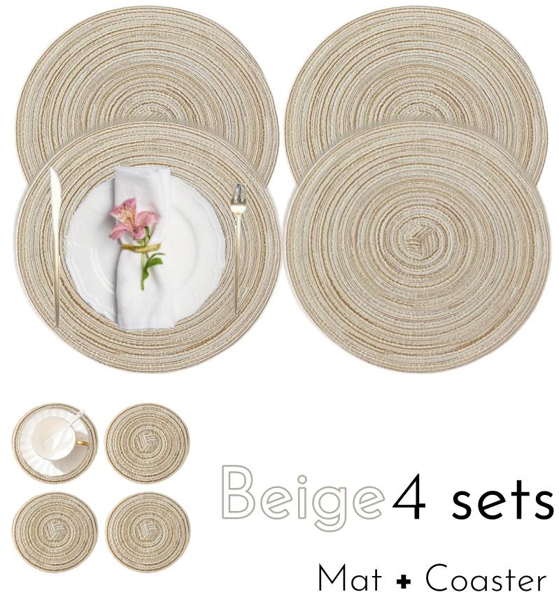 1/12pcs Round Braided Placemats 15inch Washable Table Mat with Heat Insulation Coaster for Dinner Gathering Party Kitchen-Table