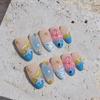10Pcs Gradient Blue Almond Press On Nails Hand Painted 3D Seashell Flower Summer Ocean Fake Nails