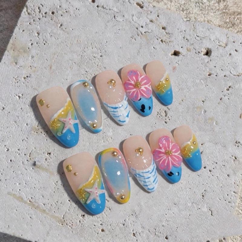10Pcs Gradient Blue Almond Press On Nails Hand Painted 3D Seashell Flower Summer Ocean Fake Nails