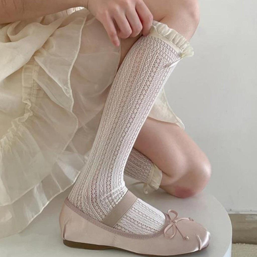 Girls' Ballet Lace Bow Frilly Calf Socks - Mesh Hollow Out, Ruffled Edge, Mary Jane Style