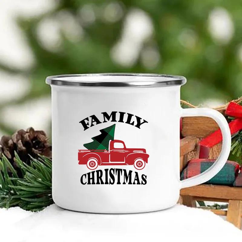 Merry Christmas Print Creative Enamel Coffee Tea Wine Drink Mug Dessert Hot Cocoa Milk Cup Cake Mugs Handle Drinkware Xmas Gifts