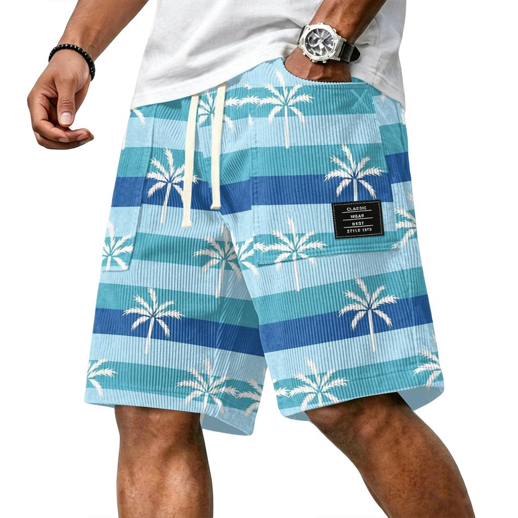 Men Casual Corduroy Drawstring Shorts Hawaiian Style Lightweight Breathable Beachwear with Pockets Comfortable Fit