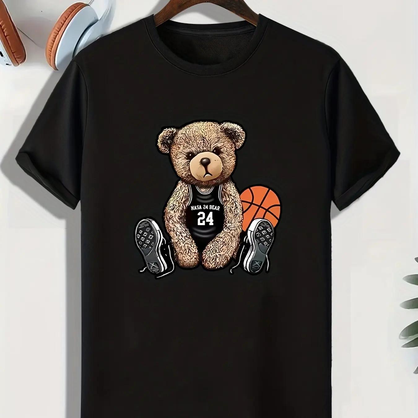

Men s Basketball Bear Cartoon Print Round Neck Short Sleeve T-shirt Casual Fashion Graphic Tee Loungewear Pajamas Top For Summer S