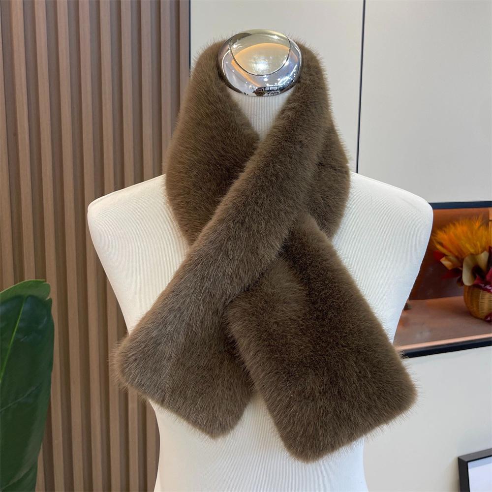 Women Winter Warm Thicken Cross Collar Scarf Solid Color Faux Rabbit Fur Cold Proof Scarves Fashion Soft Furry Neck Warmer