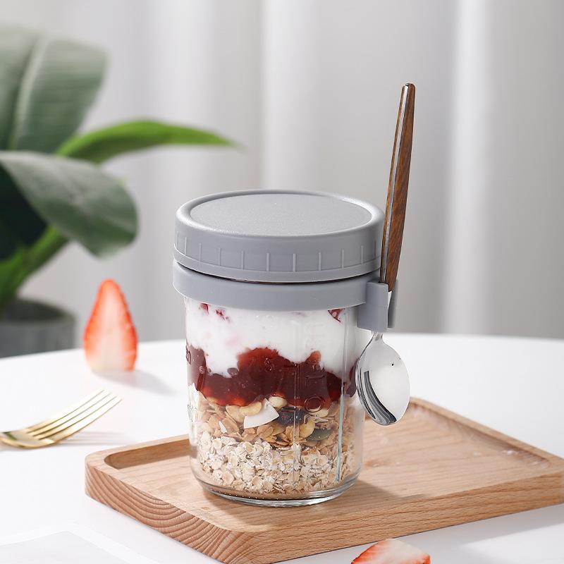 Overnight Oat Cup Transparent Glass Mason Cup Simple Portable Cereal Cup with Spoon Lid Yogurt Graduated Cup