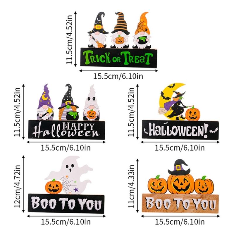 2Pcs Creative Halloween Gnomes Pumpkin Witch Figurines Wooden Block Table Sign For Festives Home Shelf Tiered Tray Decors
