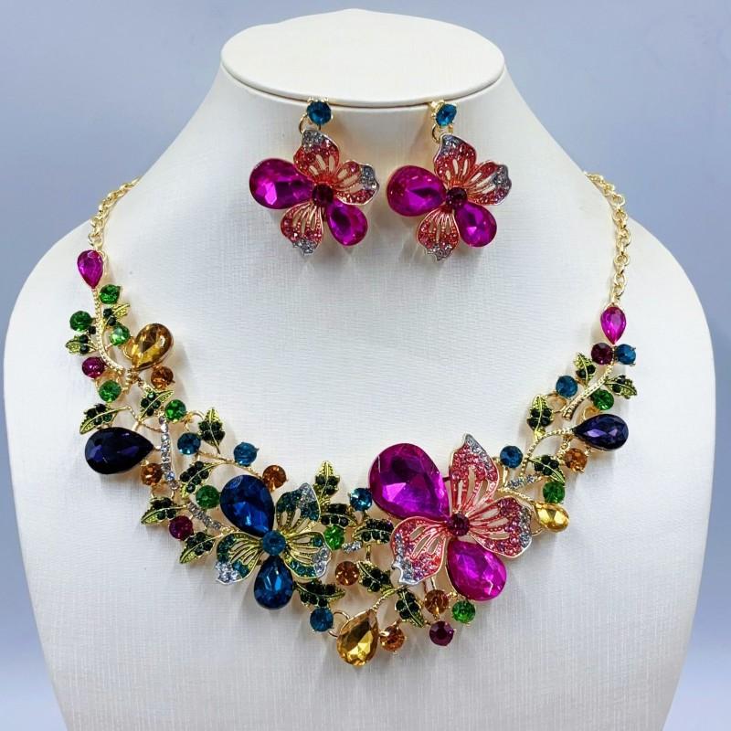 Sparkling Colorful Crystal Gemstone Necklace Earring Set Women Wedding Party Stage Accessory Floral Fashion Jewelry