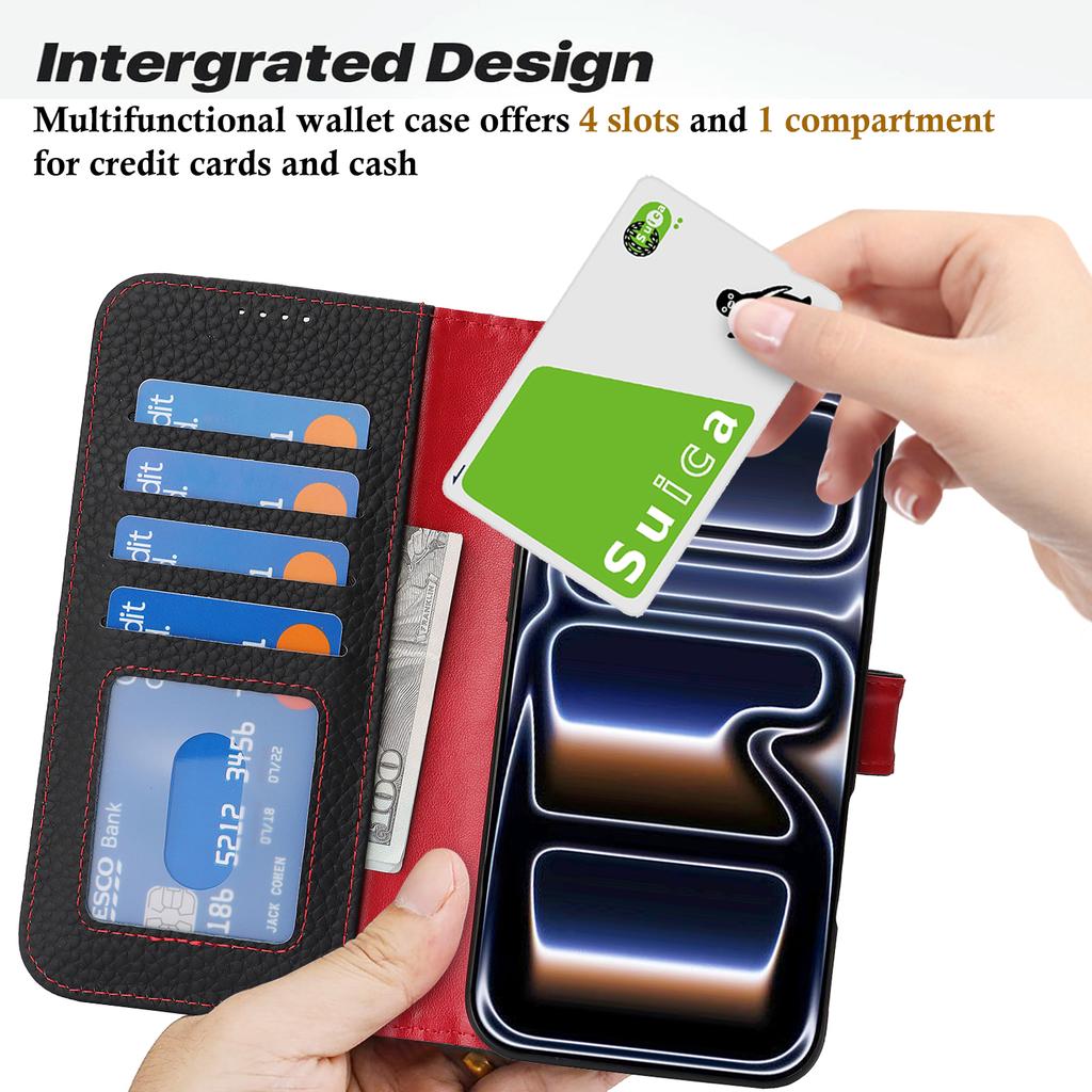 For iPhone 17 Pro Max Stand Case Litchi Texture Genuine Cow Leather Wallet Phone Cover RFID Blocking